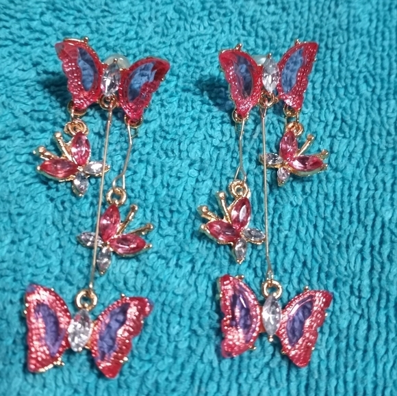 Elegant Pink and Goldtone Butterfly Post Dangle Earrings - Picture 4 of 4